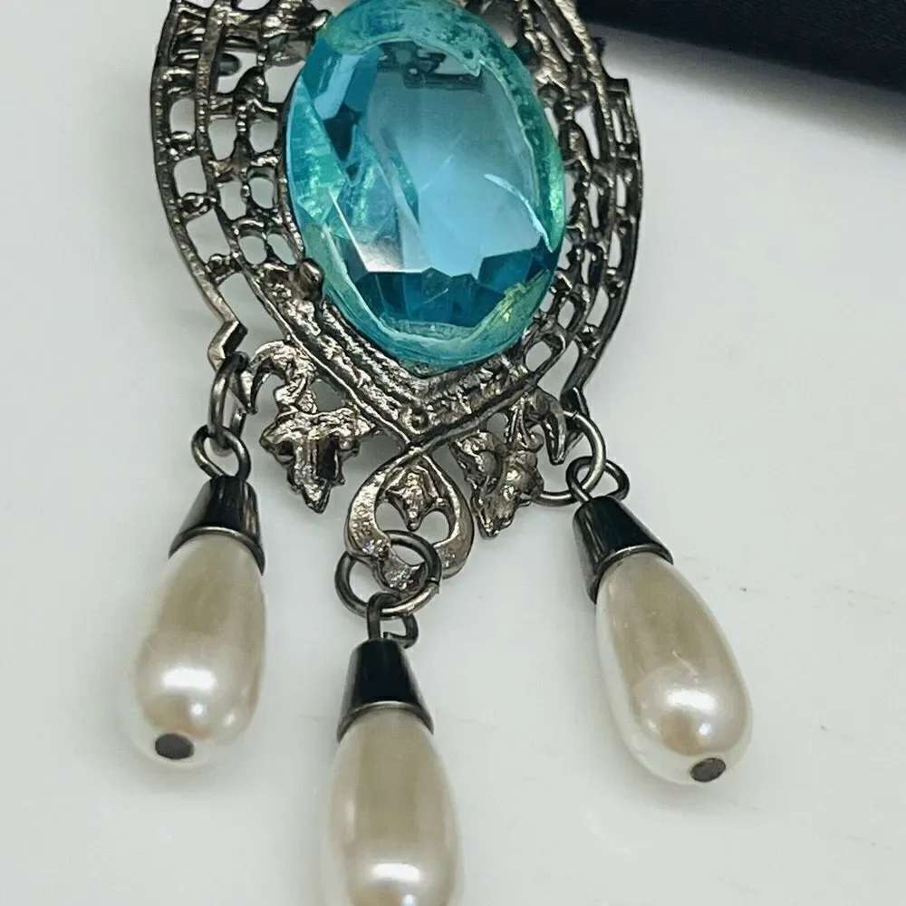 Vintage Brooch Faux Topaz Pearl Dangle Edwardian Inspired Costume Silver 1181